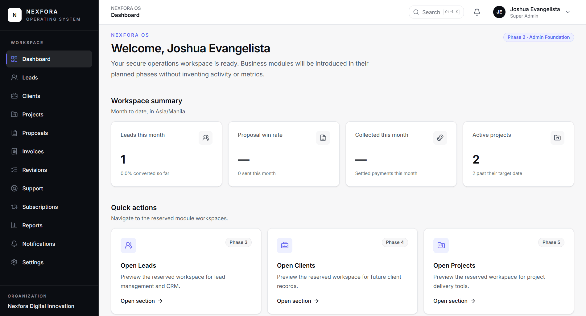 NEXFORA OS dashboard interface